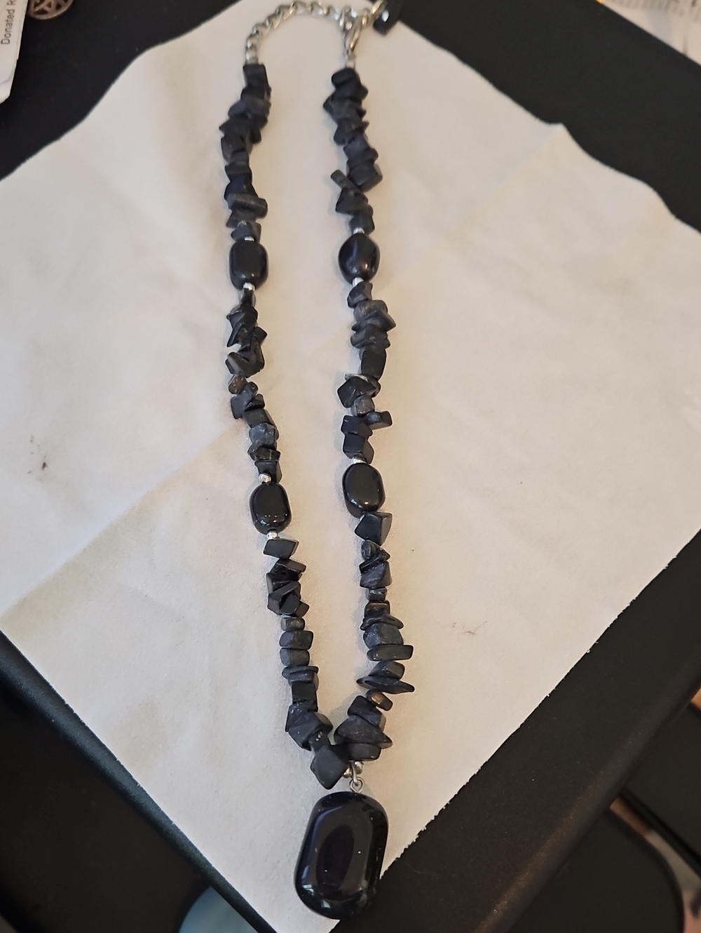 Black Stone Bead Necklace with Pendant - Women Jewelry